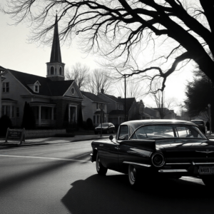 1950's Oldtimer on a subburb street with charming small village in black and white