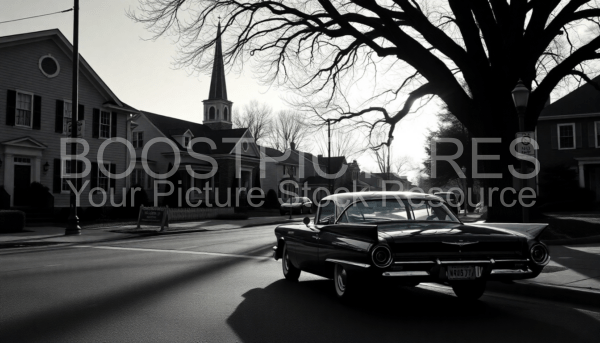 1950's Oldtimer on a subburb street with charming small village in black and white