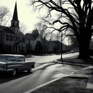 The vintage car and the architectural style clearly reference a past time