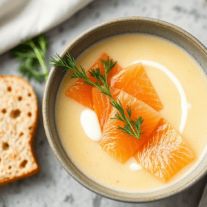 Creamy potato soup garnished with slices of smoked salmon and fresh dill