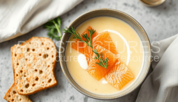 Creamy potato soup garnished with slices of smoked salmon and fresh dill