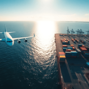 Airplane flying over a coastal cargo port at sunset