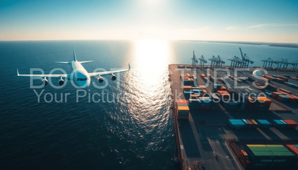 Airplane flying over a coastal cargo port at sunset