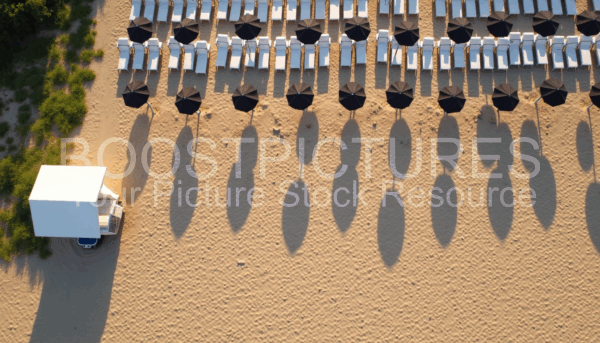 Aerial view of a sandy beach with rows of white sun loungers and black umbrellas