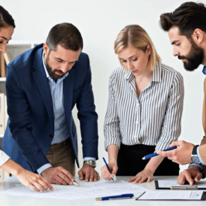 Four professionals are gathered around a table