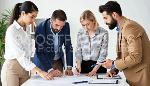 Four professionals are gathered around a table