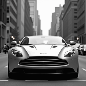 Aston Martin DB12 in silver centered on a street