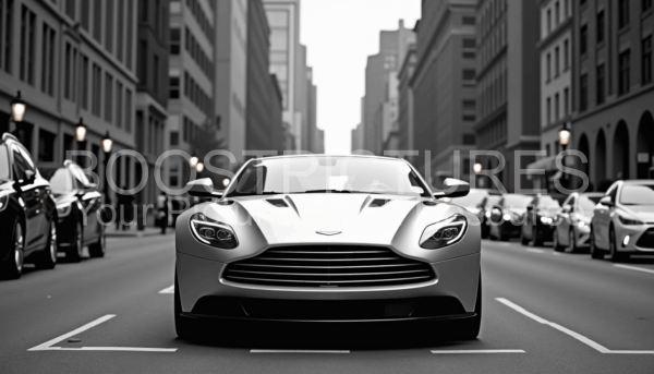 Aston Martin DB12 in silver centered on a street