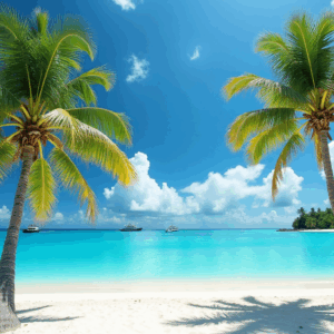 Tropical beach scene with two palm tree