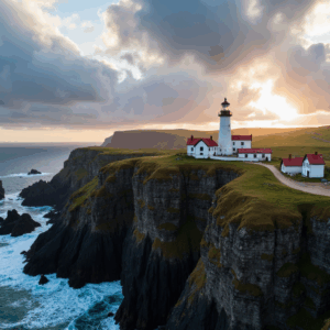 Aerial view of a rugged cliffside with a white lighthouse