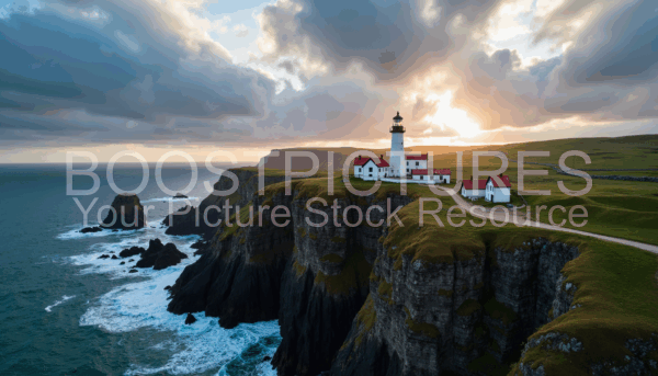 Aerial view of a rugged cliffside with a white lighthouse