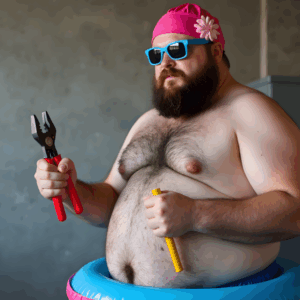 A chubby bearded man wearing blue swim trunks