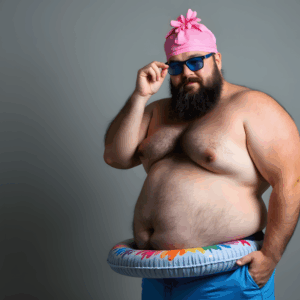 Funny chubby bearded man wearing blue swim trunks