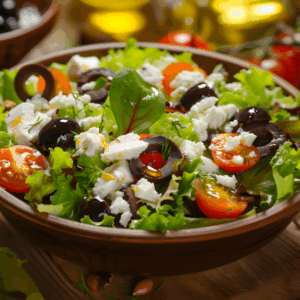Summer salad bowl: Fresh mixed greens topped with crumbled goat cheese