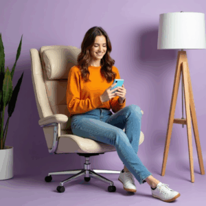 A young woman with short brown hair sits on modern office chair