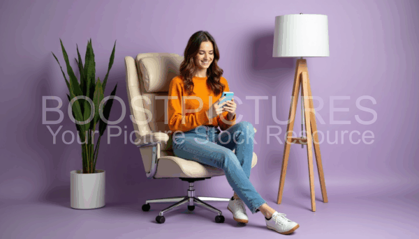 A young woman with short brown hair sits on modern office chair